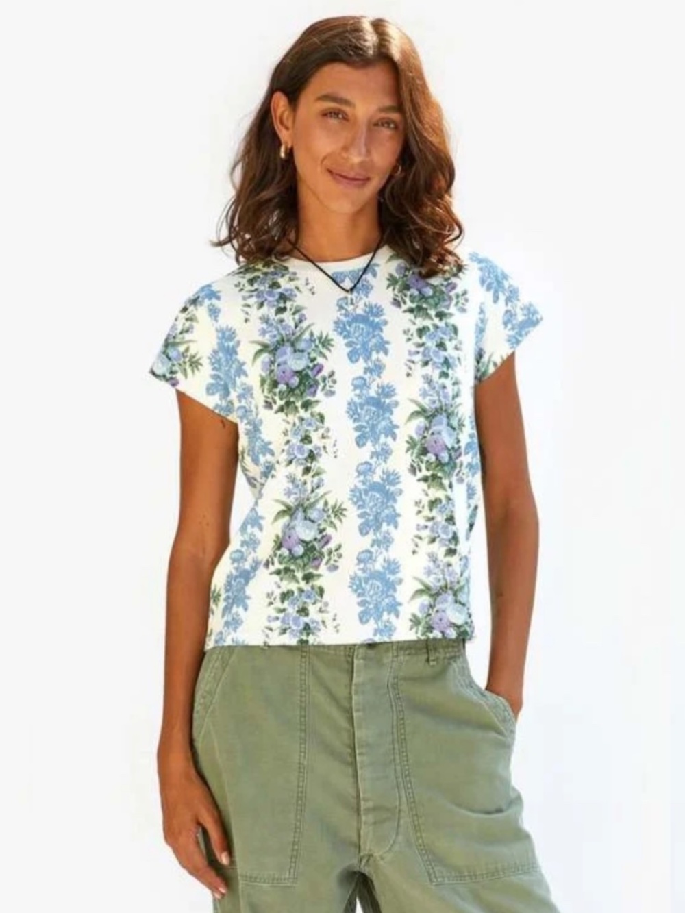 Clare V. Classic Tee in Floral Stripe Blue Cream